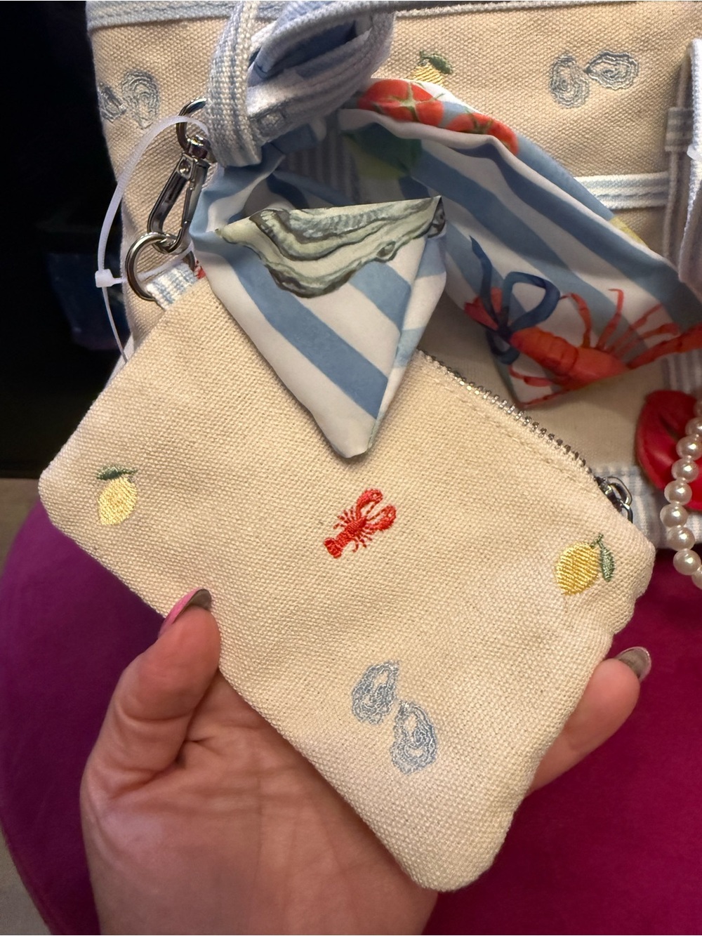 Madden Girl Cream Canvas Tote with Light Blue Striped Handles - Picture 6 of 14